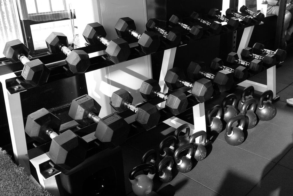 gym dumbbells Set of dumbbells after being wiped down